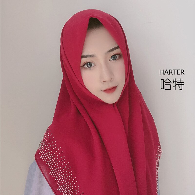 Muslim Headscarf Chiffon Rhinestone Cutting Square Hijab Pearl Chiffon Large Square Scarf Veil Style Casual Tudung
